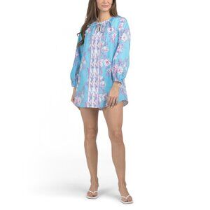 CELINA MOON Ice Blue Long Sleeve Floral Border Print Mini Dress